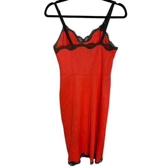 50s 60s Vintage Charmode Deep Orange Black Flocked Floral Lace Slip Dress 32 - Picture 3 of 5